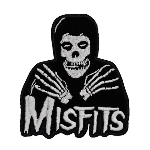 Black and white embroidered patch of a hooded skeleton figure with crossed skeleton hands above the Misfits script logo