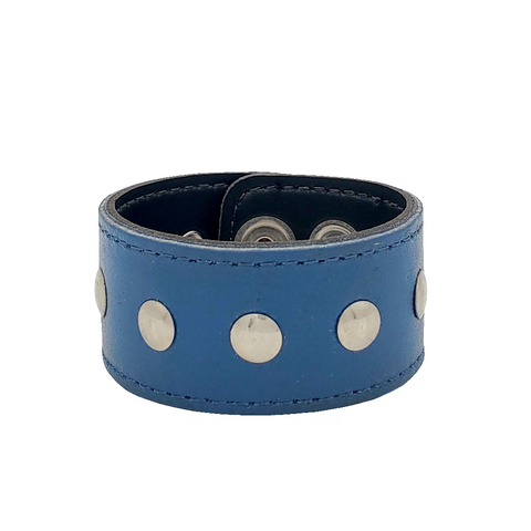 blue leather cuff with single row of silver rivets and silver metal snap hardware 