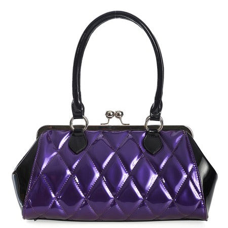 Vintage-inspired handbag made of black and red vinyl with purple pearly quilted body and black sides & top with matching black handles. Purse has silver metal kiss lock opening and matching detachable shoulder strap. Shown from back