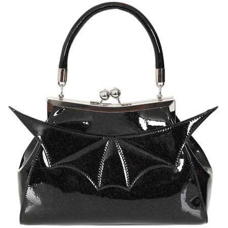 A black patent vinyl with shimmery silver handbag with a glossy finish, featuring a bat-wing design on the front, a top handle, and a silver-tone kiss-lock clasp. Shown from front