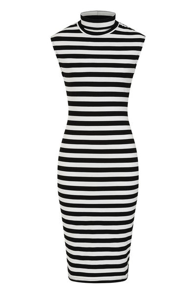 black and bright white jersey knit sleeveless mock neck pencil dress shown from front