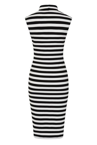 black and bright white jersey knit sleeveless mock neck pencil dress shown from back