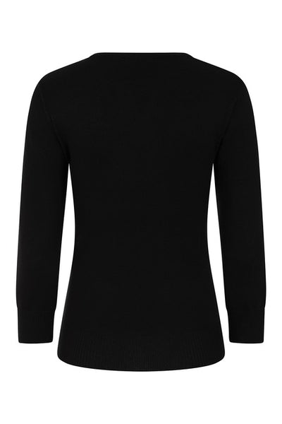 black crewneck knit sweater with ribbed neckline, bottom band, and cuffs with bright white embroidered spiderweb detail at left shoulder extending to neckline. Shown from back