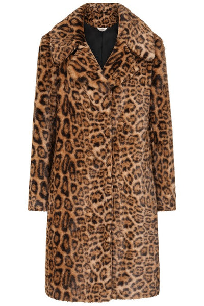 plush natural brown leopard print patterned faux fur coat with double lapel, hidden snap closure, and side seam pockets. Shown from the front