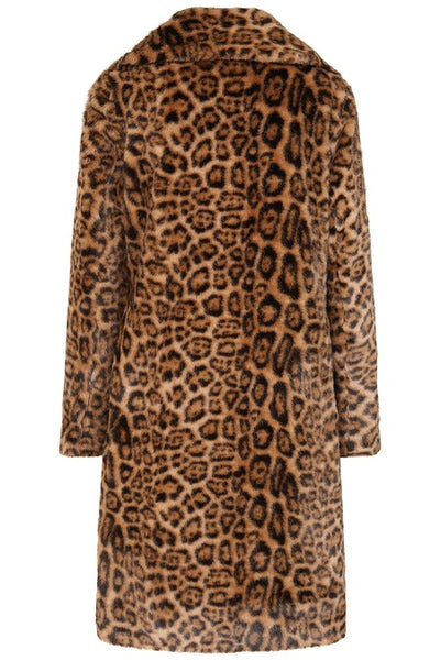 plush natural brown leopard print patterned faux fur coat with double lapel, hidden snap closure, and side seam pockets. Shown from the back