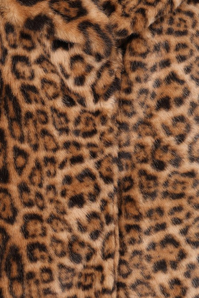 plush natural brown leopard print patterned faux fur coat with double lapel, hidden snap closure, and side seam pockets. Shown from the front in close up of faux fur pattern