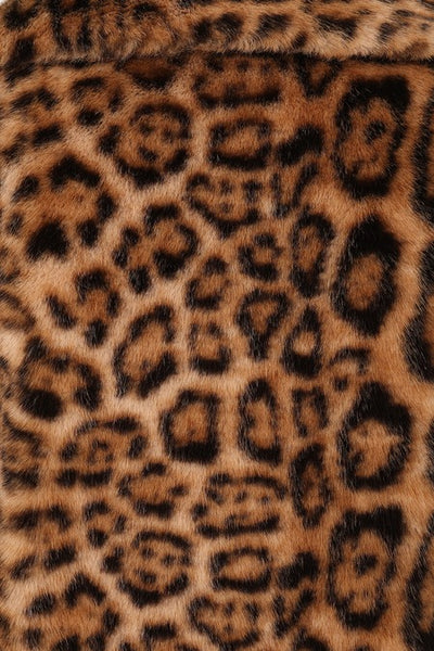 plush natural brown leopard print patterned faux fur coat with double lapel, hidden snap closure, and side seam pockets. Shown from the front in close up of faux fur pattern