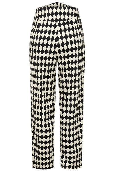 Black and white harlequin patterned stretch cotton sateen cigarette style pants with a high yoke style waistband. Shown from front on mannequin