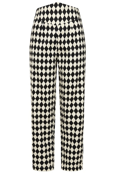Black and white harlequin patterned stretch cotton sateen cigarette style pants with a high yoke style waistband. Shown from back on mannequin