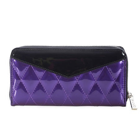 Shiny patent purple quilted vinyl zip closure wallet with solid black vinyl triangular detail at top and 3 sided silver metal zip closure. Shown from front