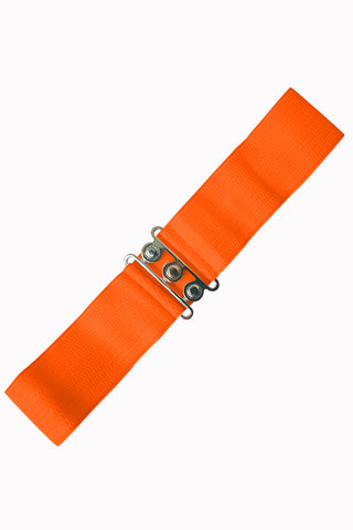 elastic waist belt in a bright orange color with a vintage-inspired three circle silver metal buckle