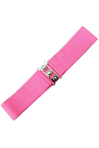 elastic waist belt in a bright pink color with a vintage-inspired three circle silver metal buckle