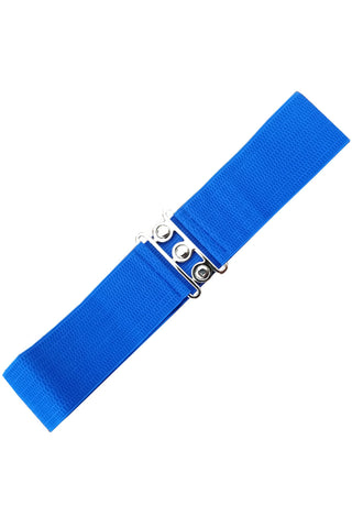 elastic waist belt in a royal blue color with a vintage-inspired three circle silver metal buckle