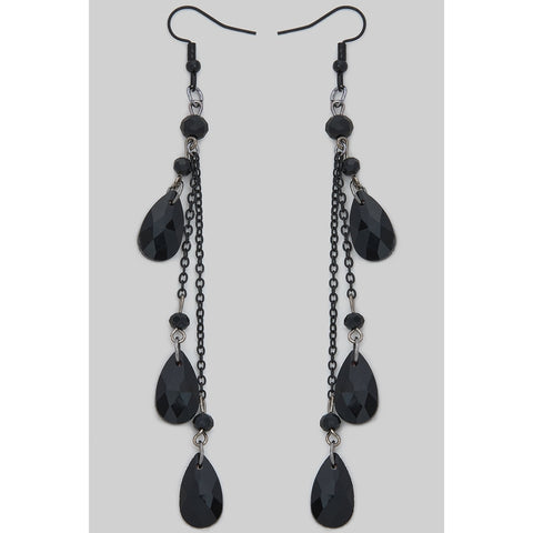 Triple layered black faceted teardrop shaped jewel drop earrings with black chains