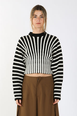 Model wearing intarsia knit vertical striped black and off white sweater with crew neck and dolman sleeves. Shown from the front 