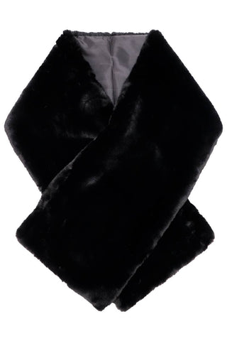 black faux fur shawl with black fabric lining and hook & eye closure shown flat