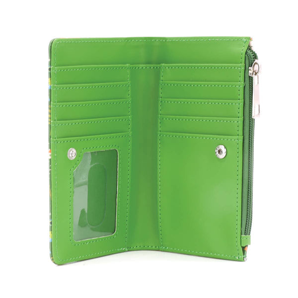 Green faux leather wallet with printed pattern of mushrooms, fairy circles, plants, flowers, moons & stars, and fairy doors. Shown open to display bill pockets, credit card slots, clear ID pocket, and zippered pouch