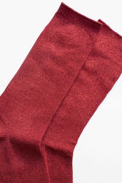 deep red lurex ribbed crew socks shown in close up