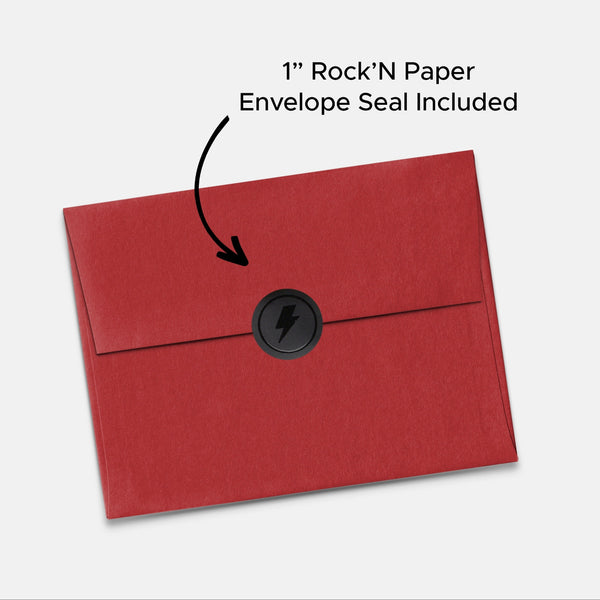 Red envelope with a black seal on a white background, labeled '1" Rock 'N Paper Envelope Seal Included'.