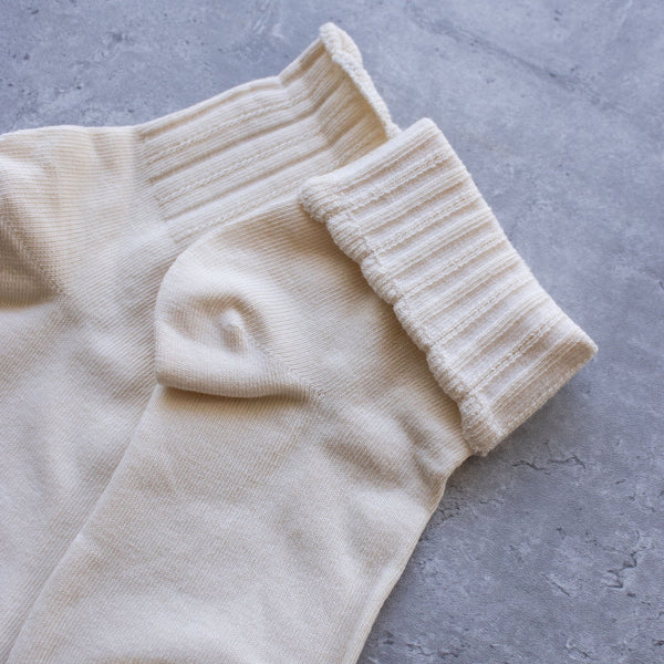 Creamy white cotton knit socks with ribbed pattern and scalloped cuffs. Shown flat in close up with cuff folded over