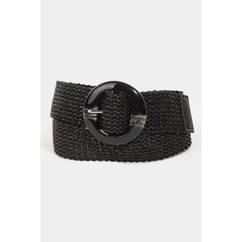 Black woven belt with matching round marbled acetate buckle