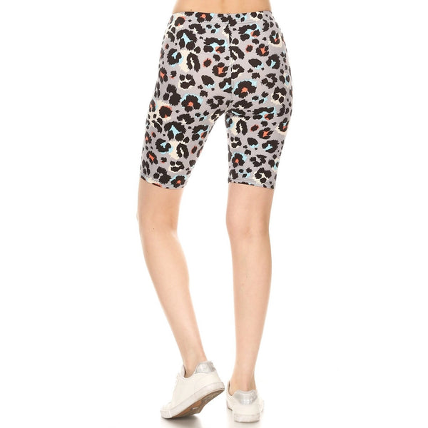 stretchy brushed fiber knit grey, black, white, and coral leopard print high-waisted bike shorts with elastic waist band, shown waist down back view on model