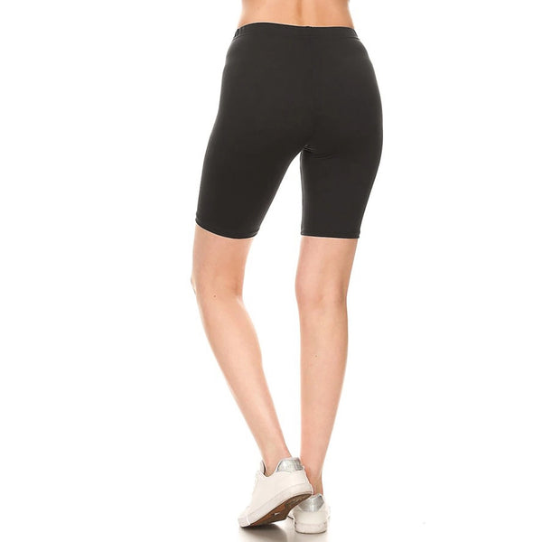 stretchy brushed fiber knit black high-waisted bike shorts with elastic waist band, shown waist down back view on model