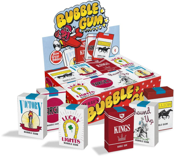 Display of vintage-style bubblegum cigarette boxes with colorful packaging and character on a white background.