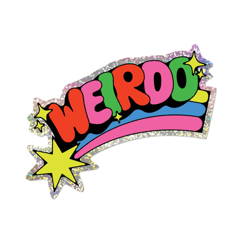 Die-cut holographic 'WEIRDO' sticker with letters in red, pink, and green on top of a yellow, blue, and pink shooting star
