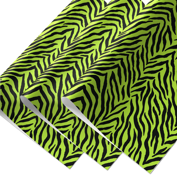 3 sheets of matte finish gift wrap in an all-over neon green and black tiger print pattern. Shown flat