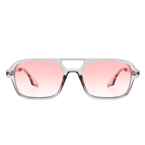 translucent grey aviator sunglasses with metal arms and pink smoke gradient lenses