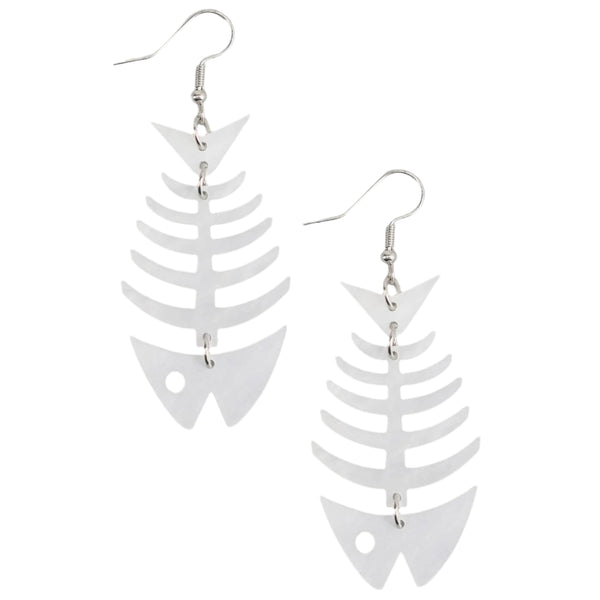 White pearly acrylic fish bone pattern dangle earrings