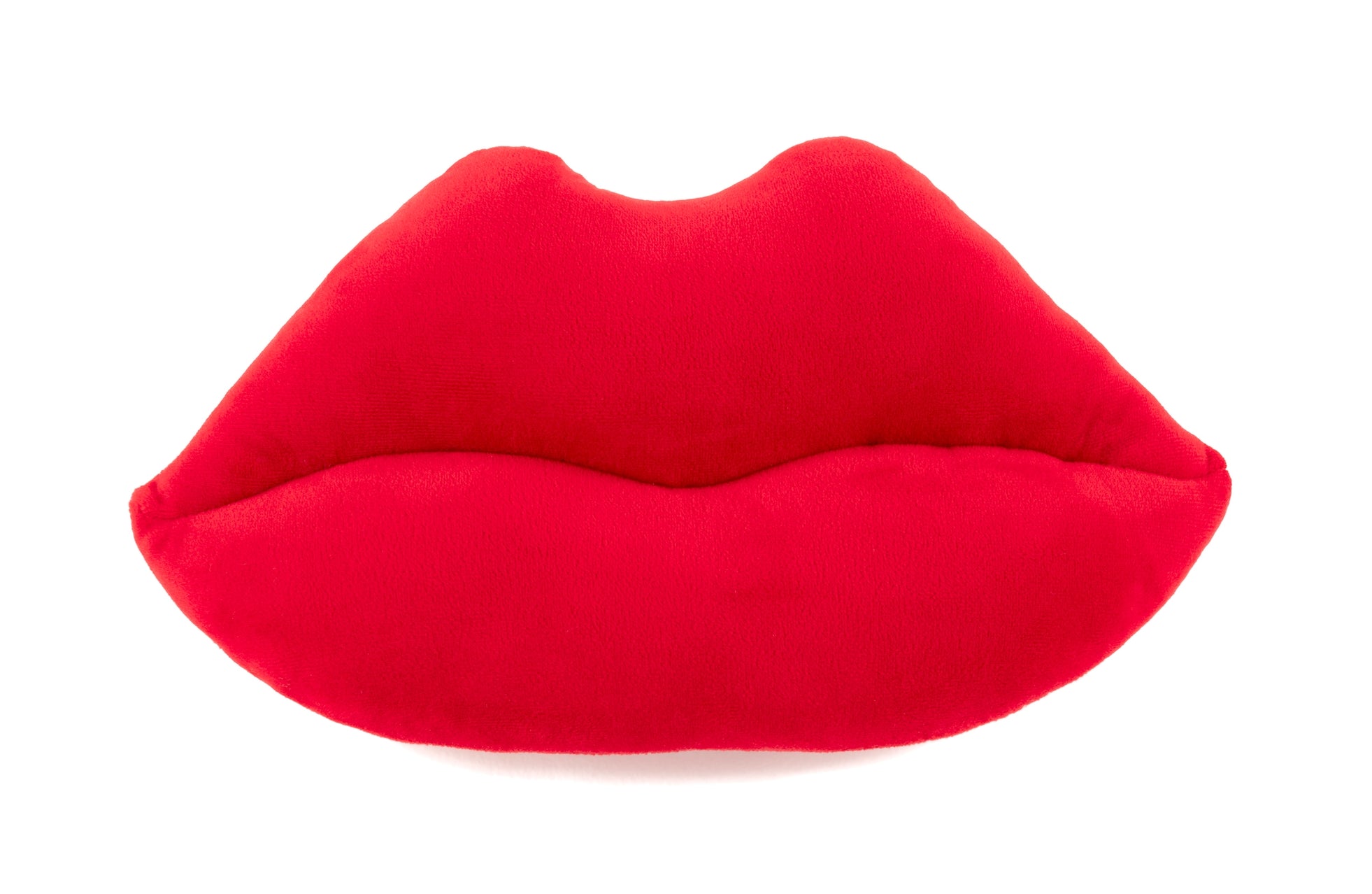 bright red plush throw pillow shaped like a pair of lips