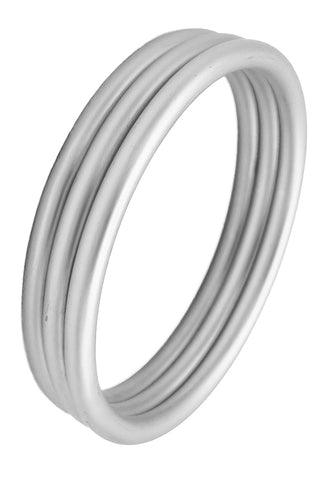 A set of three matte finish silver metal bangles. Shown stacked 