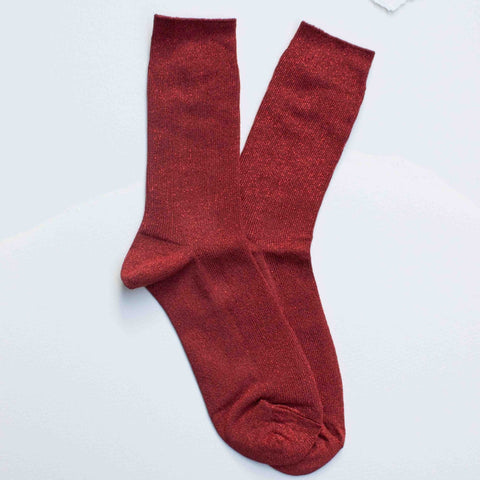 deep red lurex ribbed crew socks