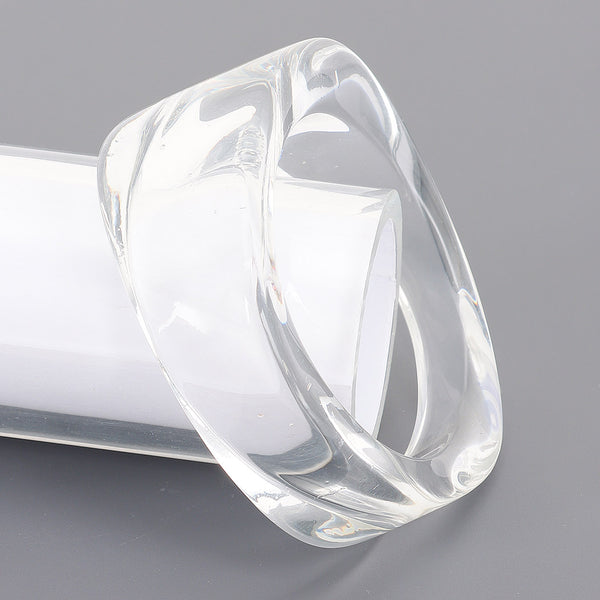 wide asymmetrical clear resin bangle shown from side