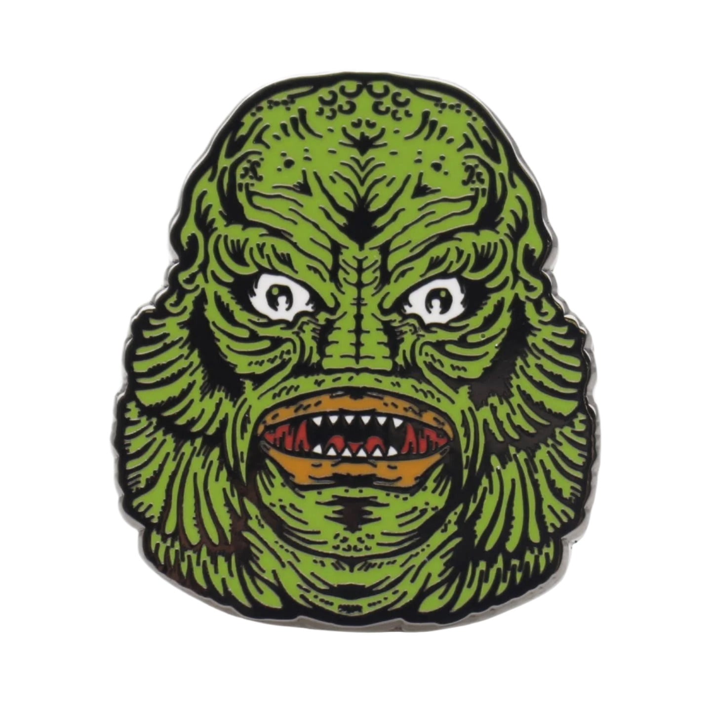 bright green enameled silver metal pin of the face of the Creature from the Black Lagoon