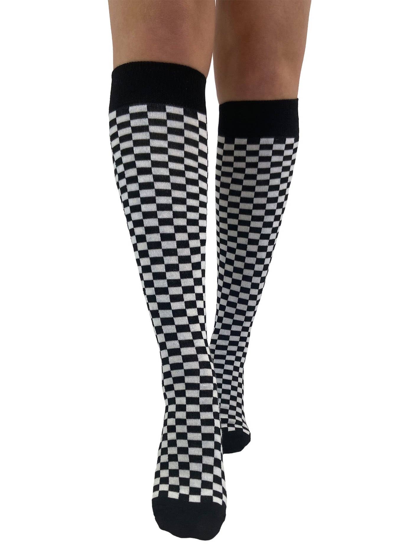 Black & White Checker Print Knee Socks