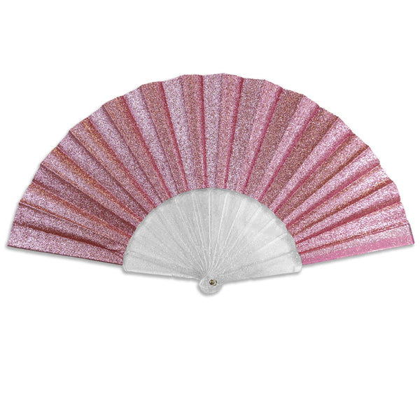 light pink glittery folding fan with translucent sparkly ribs shown open 