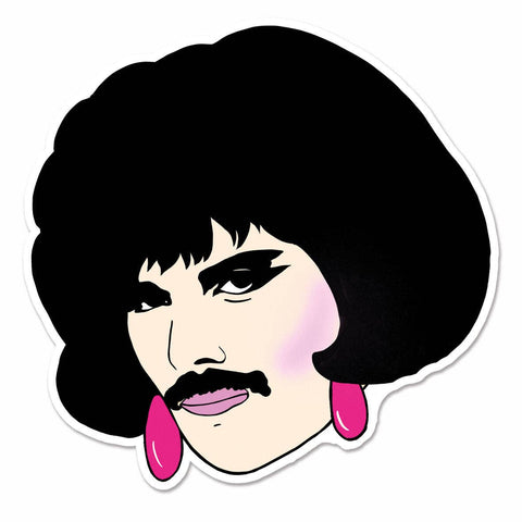 A die-cut vinyl sticker of a stylized color portrait of Freddie Mercury in costume from the music video for “I Want to Break Free”