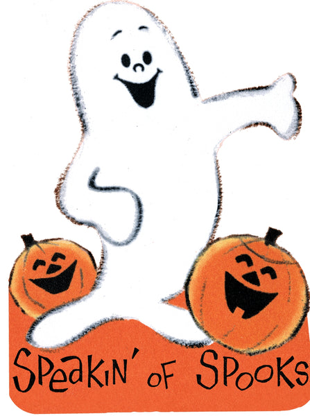 A Halloween-themed illustration with a white cartoon ghost and two orange jack-o'-lantern pumpkins on an orange ground, with the text 'Speakin' of Spooks' at the bottom.