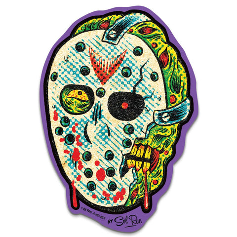 neon green and blue stylized Jason masked face with green Ben Day dot detail  on purple background die-cut vinyl sticker