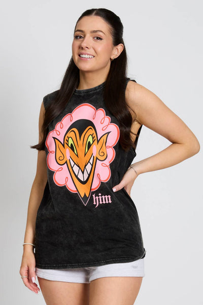 model wearing a black cotton acid wash finish tank top with drop shoulders and a large printed image of the character HIM from The Powerpuff Girls. Shown from front