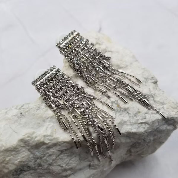 rhinestone drop earrings with staggered silver metal fringe and chains