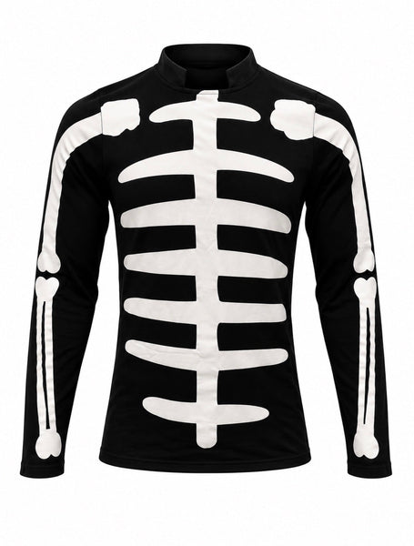 A black long-sleeve mock-neck/mandarin collar shirt featuring a white printed skeleton rib cage and arm bone design on the front, meant to resemble the one worn by Glenn Danzig onstage with the Misfits, shown against a plain white background.