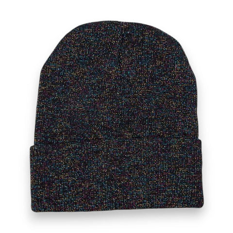 cuffed acrylic knit beanie in black with strands of multicolor "oil slick" lurex