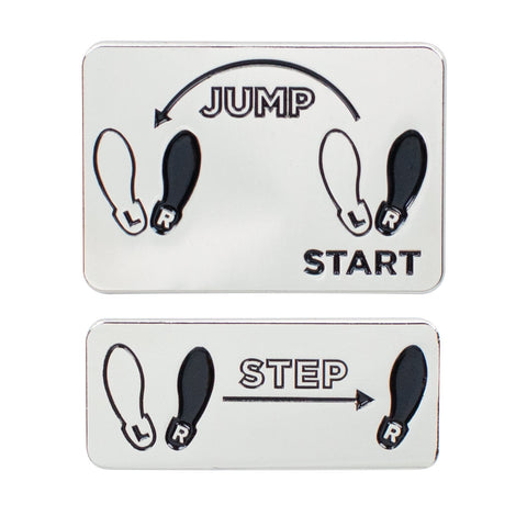 Silver metal rectangular enamel pins picturing jump to the left and step to the right steps to the Time Warp