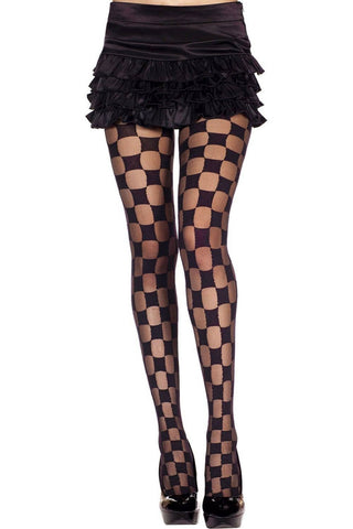 model wearing sheer black tights with an allover partly opaque checkered pattern