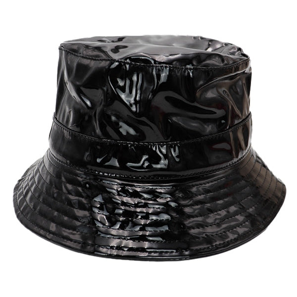 Black patent bucket hat on a white background