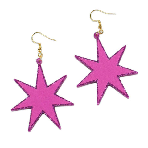 Magenta laser-cut acrylic starburst dangle earrings with a matching glitter border 